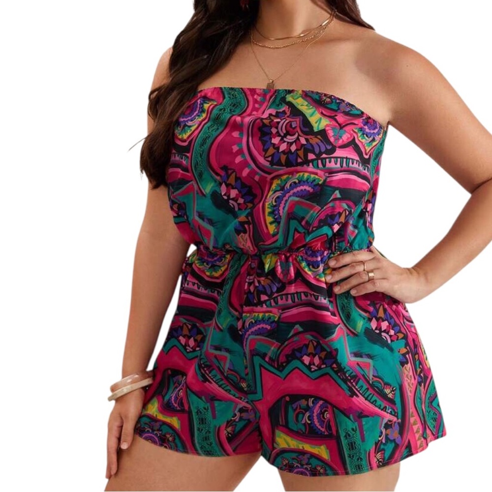 Plus Size Women Vacation All-Over Print Bandeau Jumpsuit